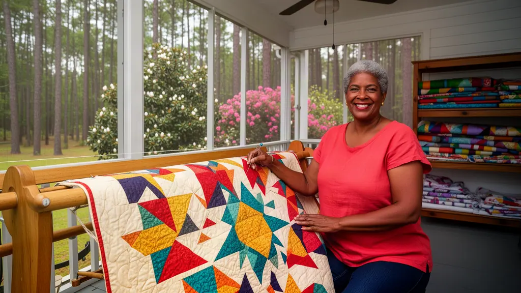 Quilter at a wooden quilting frame with a bold star quilt, stacks of quilts on a screened porch